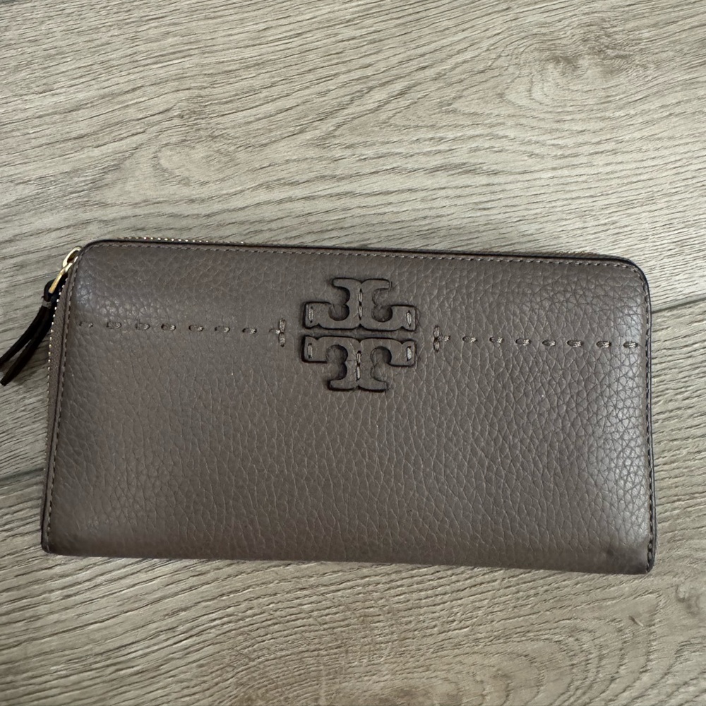 Tory Burch Taupe Leather Zip Wallet
